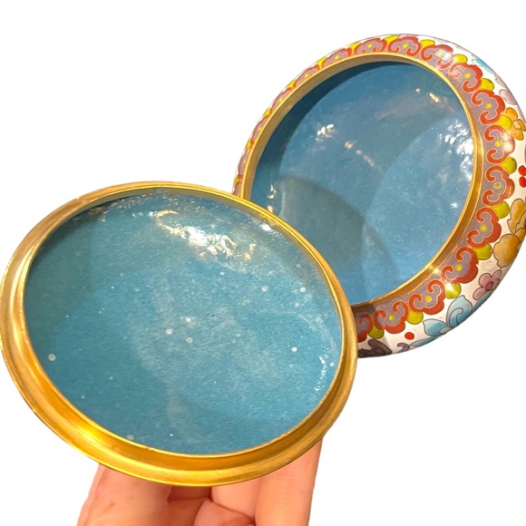 JINGFA chinese Cloissone Brass painted metal trinket bowl & lid - Picture 7 of 8